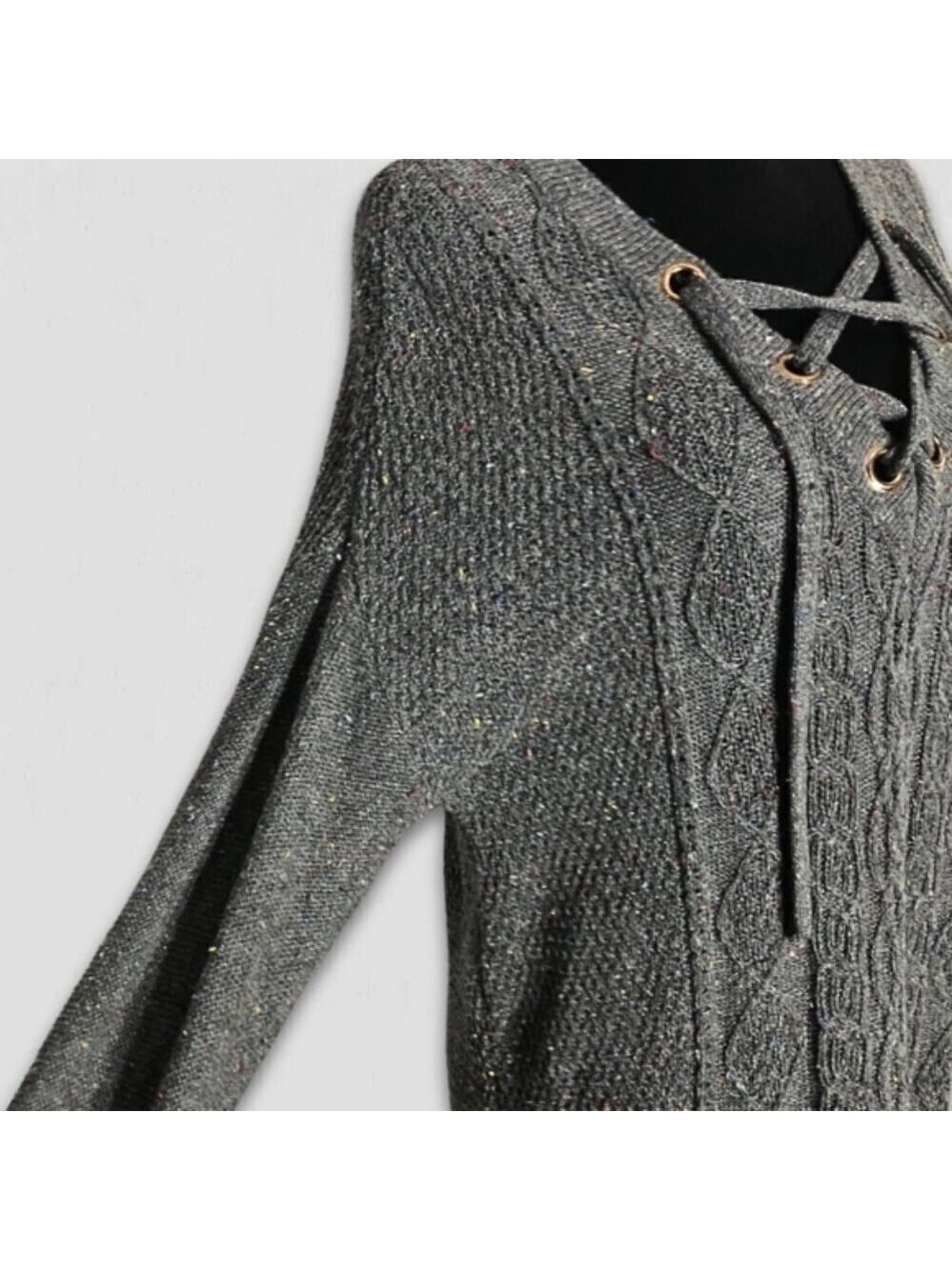 Vintage Y2K sweater dress gray CableKnit Laced V Neck langenlook boho festival S - Picture 4 of 9